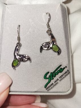 Storrs Genuine Jade Green Silver Whale Tail Dangle Earrings